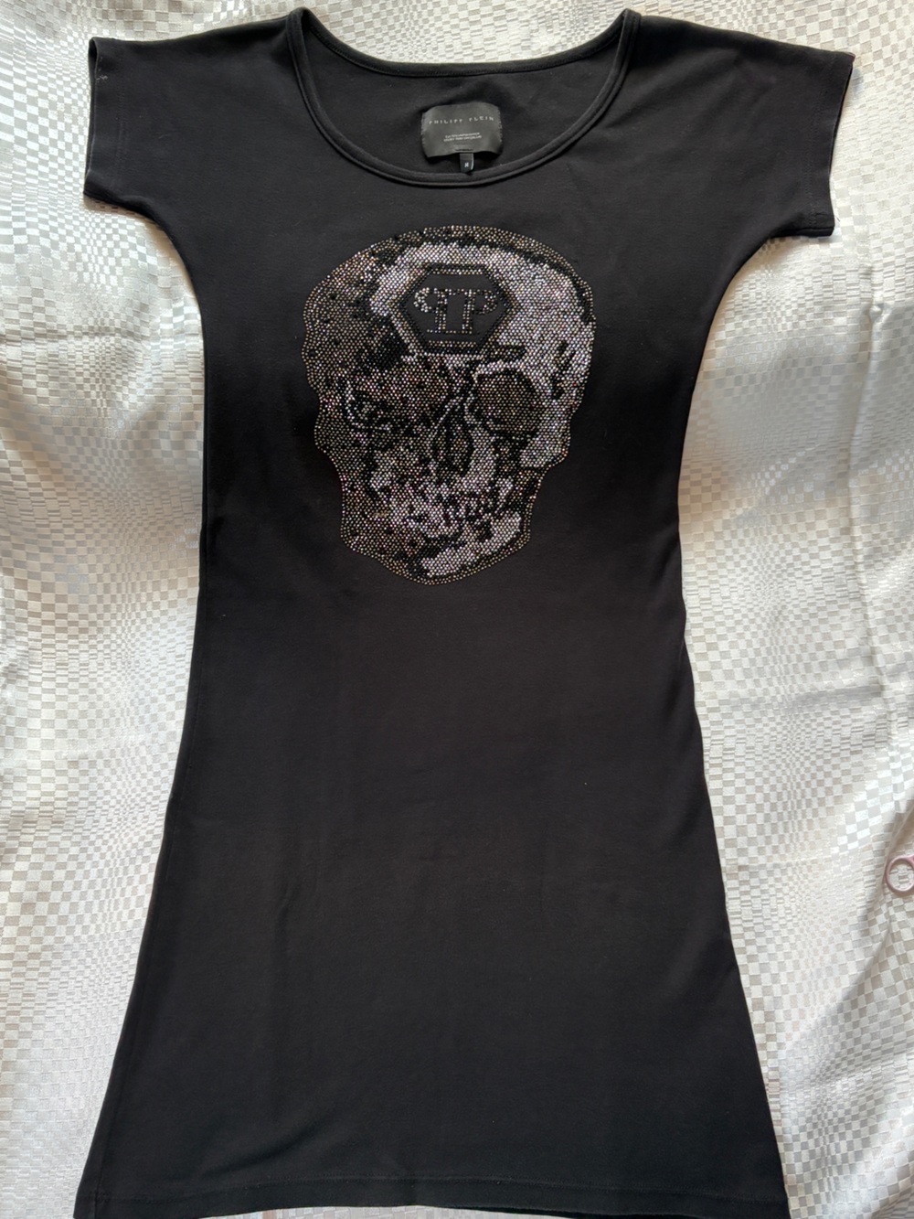 Philipp Plein Black T-shirt Dress with Deep Mysterious Crystal Skull Motif.